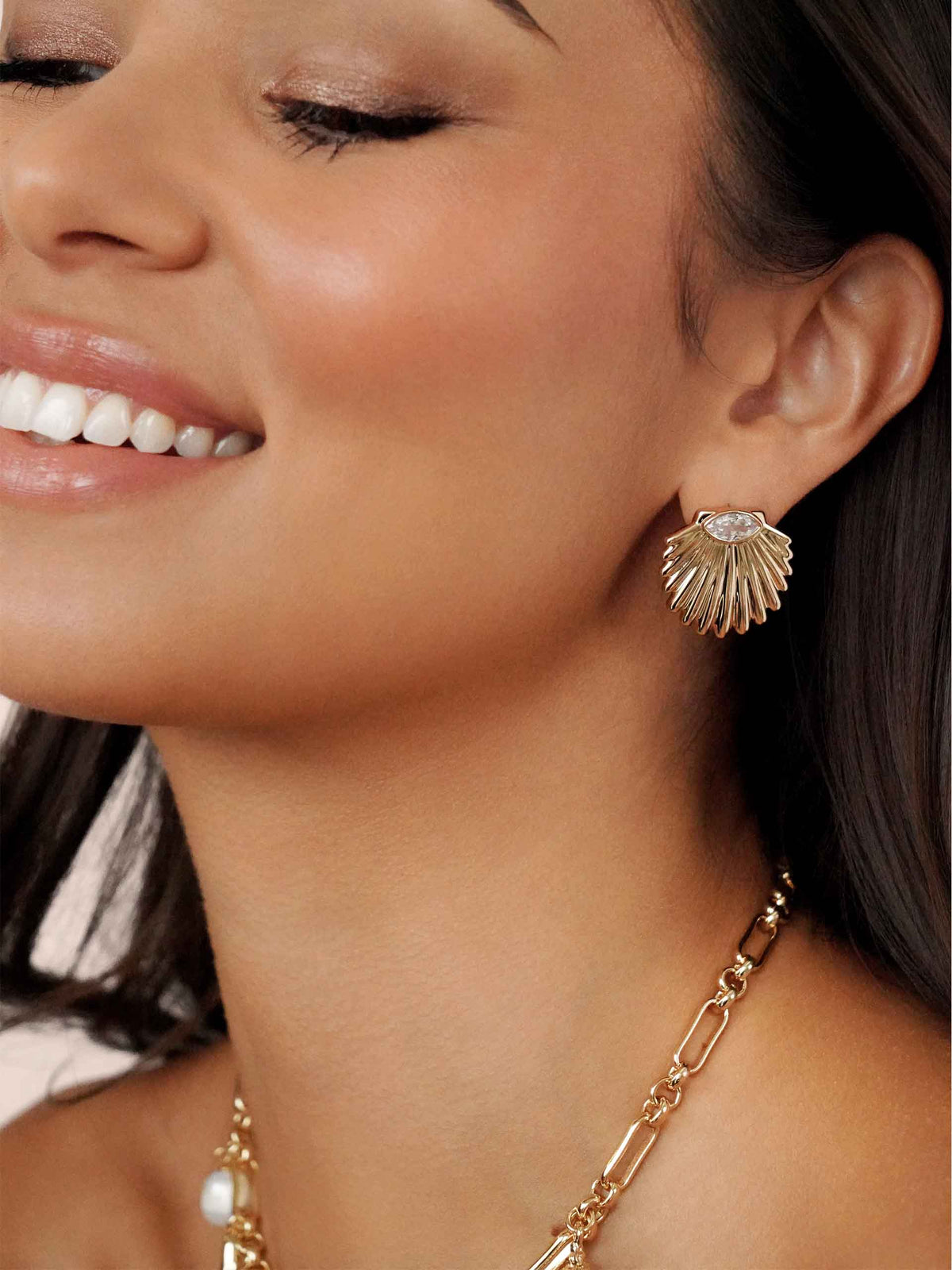Santorini Shell Studs - Clear Crystal with 18k Gold Plating | Ettika