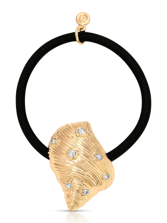 Soleil Shell Hair Tie - Gold Tone with Black Elastic | Ettika