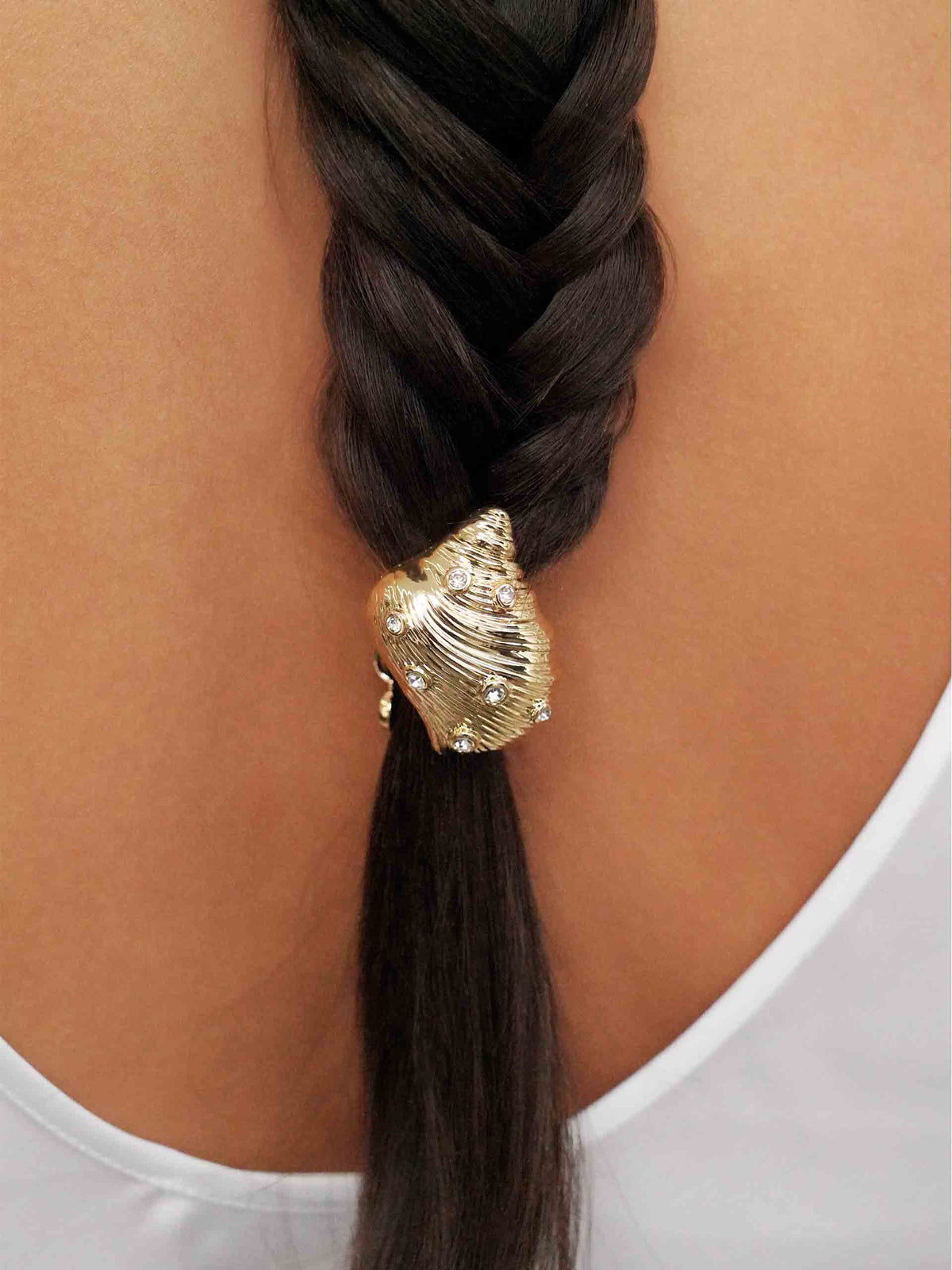 Soleil Shell Hair Tie - Gold Tone with Black Elastic | Ettika
