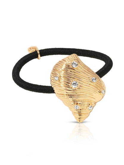 Soleil Shell Hair Tie - Gold Tone with Black Elastic | Ettika