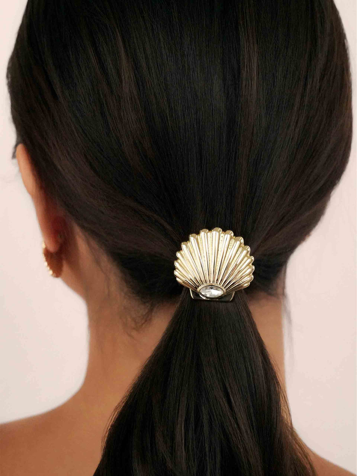 Santorini Shell Hair Tie - Gold Tone with Black Elastic | Ettika