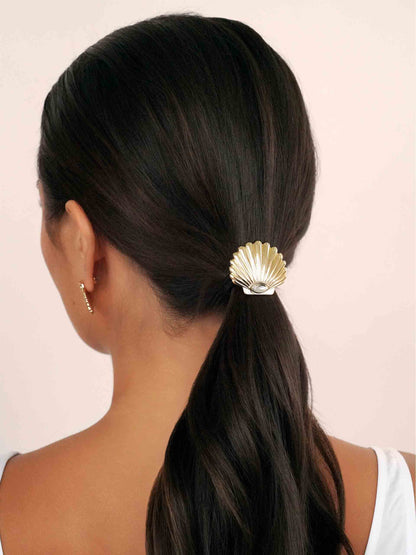 Santorini Shell Hair Tie - Gold Tone with Black Elastic | Ettika
