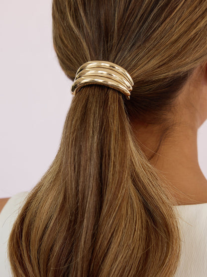 Modern Rows Hair Tie - Gold Tone with Black Elastic | Ettika