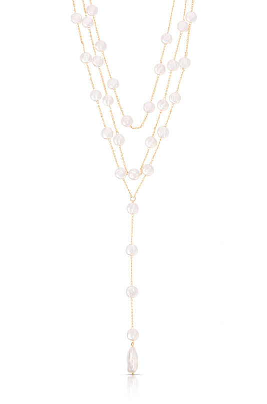 Pearl Coin Layered Lariat Necklace - Pearl with 18k Gold Plating | Ettika