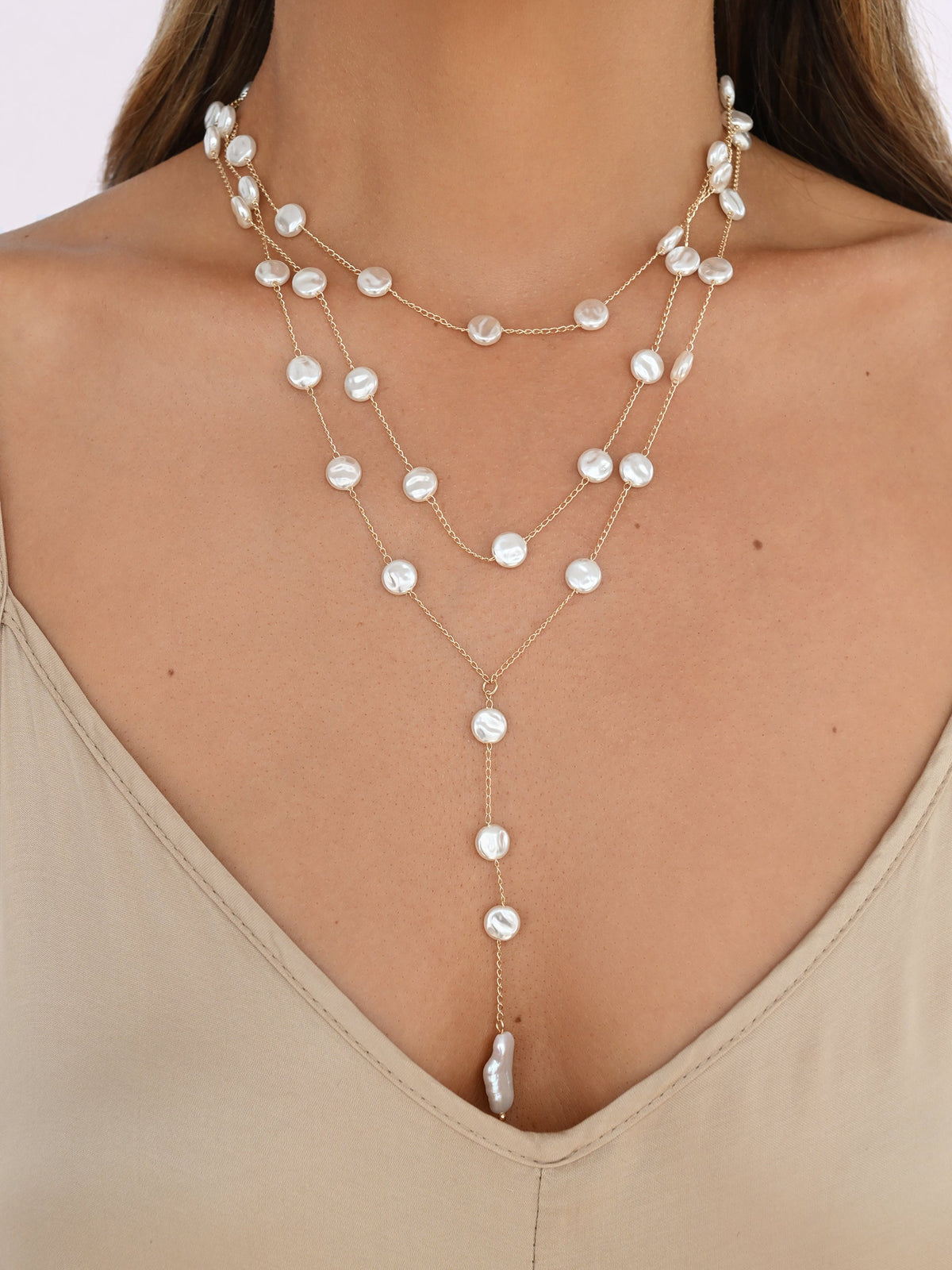 Pearl Coin Layered Lariat Necklace - Pearl with 18k Gold Plating | Ettika