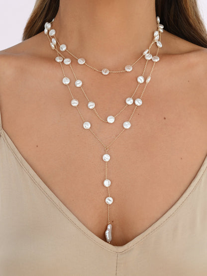 Pearl Coin Layered Lariat Necklace - Pearl with 18k Gold Plating | Ettika