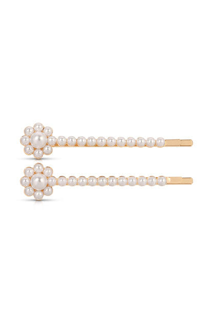 Pearl Flower Hair Pin Set - Pearl with Gold Tone | Ettika