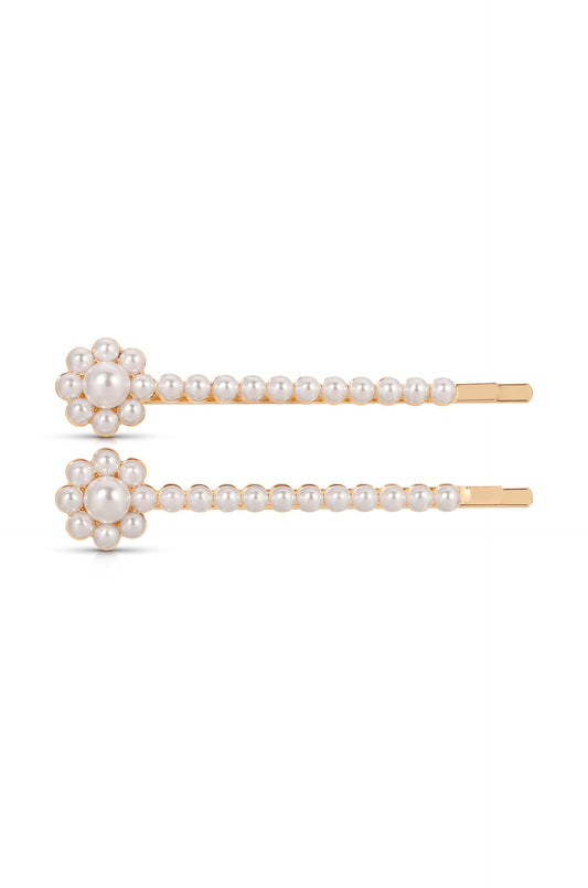 Pearl Flower Hair Pin Set - Pearl with Gold Tone | Ettika