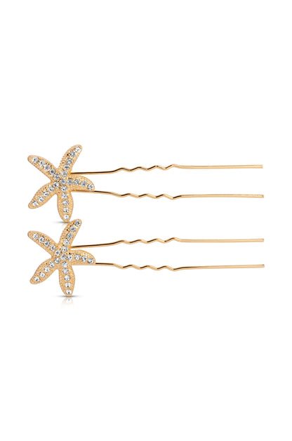 Crystal Starfish Hair Pin Set - Gold Tone | Ettika