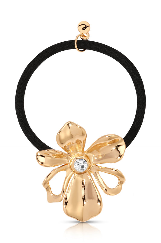 Petals Hair Tie - Gold Tone with Black Elastic | Ettika