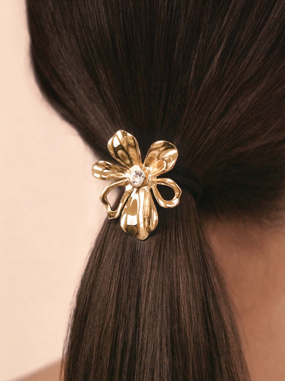 Petals Hair Tie - Gold Tone with Black Elastic | Ettika