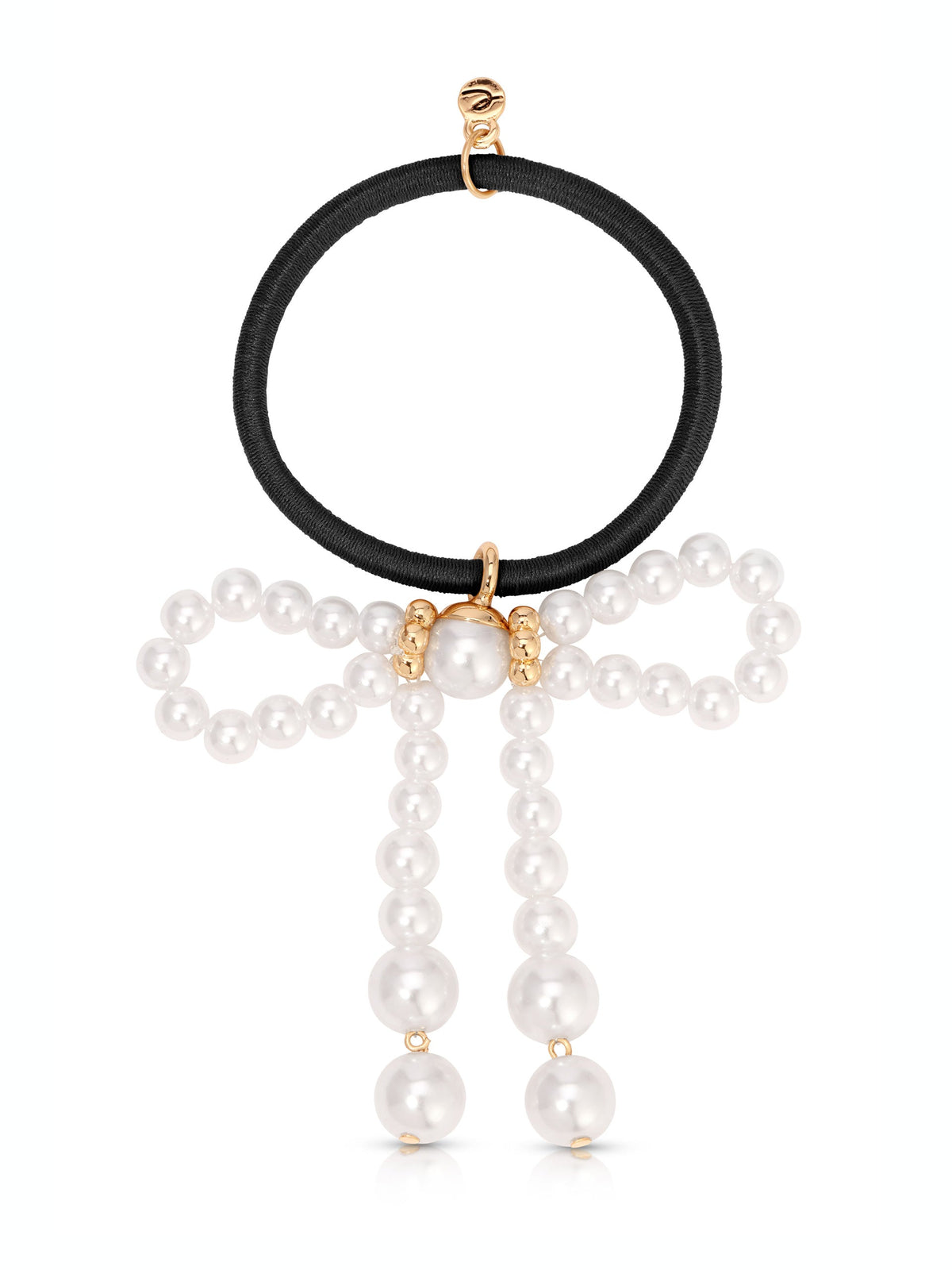 Aurora Pearl Bow Hair Tie - Gold Tone with Black Elastic | Ettika