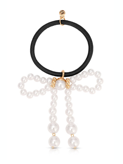 Aurora Pearl Bow Hair Tie - Gold Tone with Black Elastic | Ettika