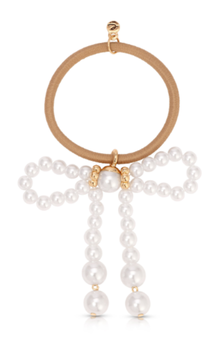Aurora Pearl Bow Hair Tie - Gold Tone with Black Elastic | Ettika