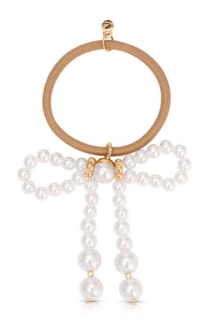 Aurora Pearl Bow Hair Tie - Gold Tone with Black Elastic | Ettika