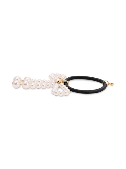 Aurora Pearl Bow Hair Tie - Gold Tone with Black Elastic | Ettika