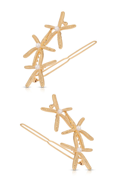 Starfish Cluster Barrette Set - Pearl with Gold Tone | Ettika