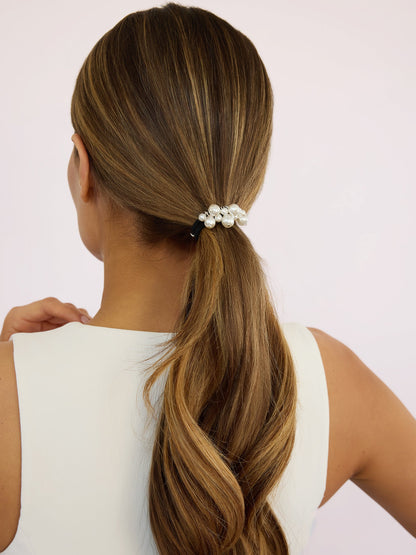 Pearl Charms Hair Tie - Gold Tone with Black Elastic | Ettika