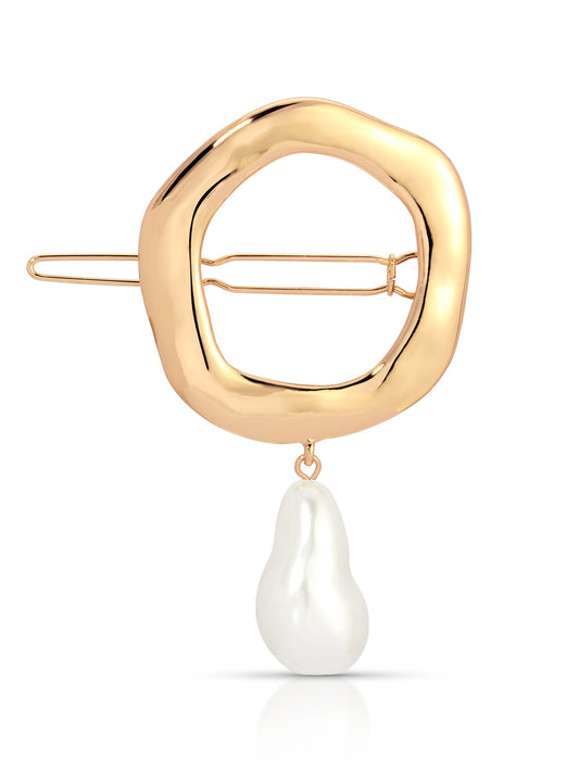 Open Circle Pearl Barrette - Pearl with Gold Tone | Ettika