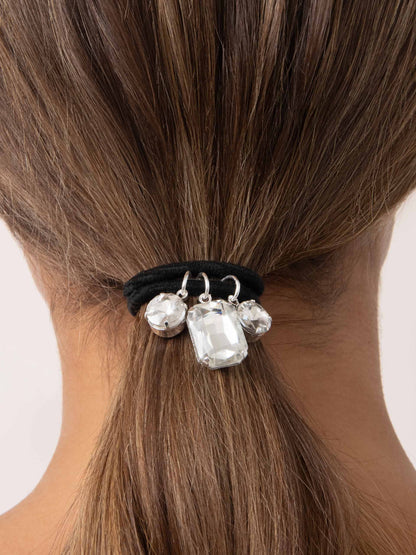 Crystal Dangle Hair Tie - Silver with Black Elastic | Ettika