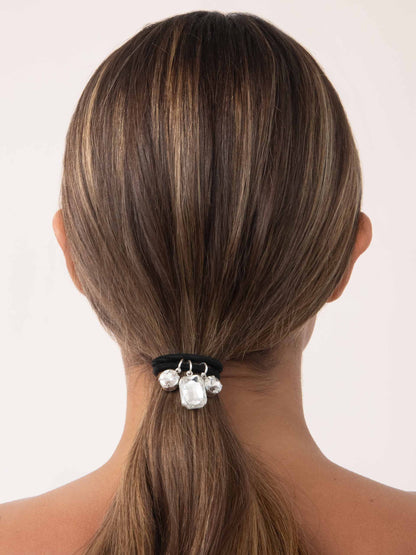 Crystal Dangle Hair Tie - Silver with Black Elastic | Ettika