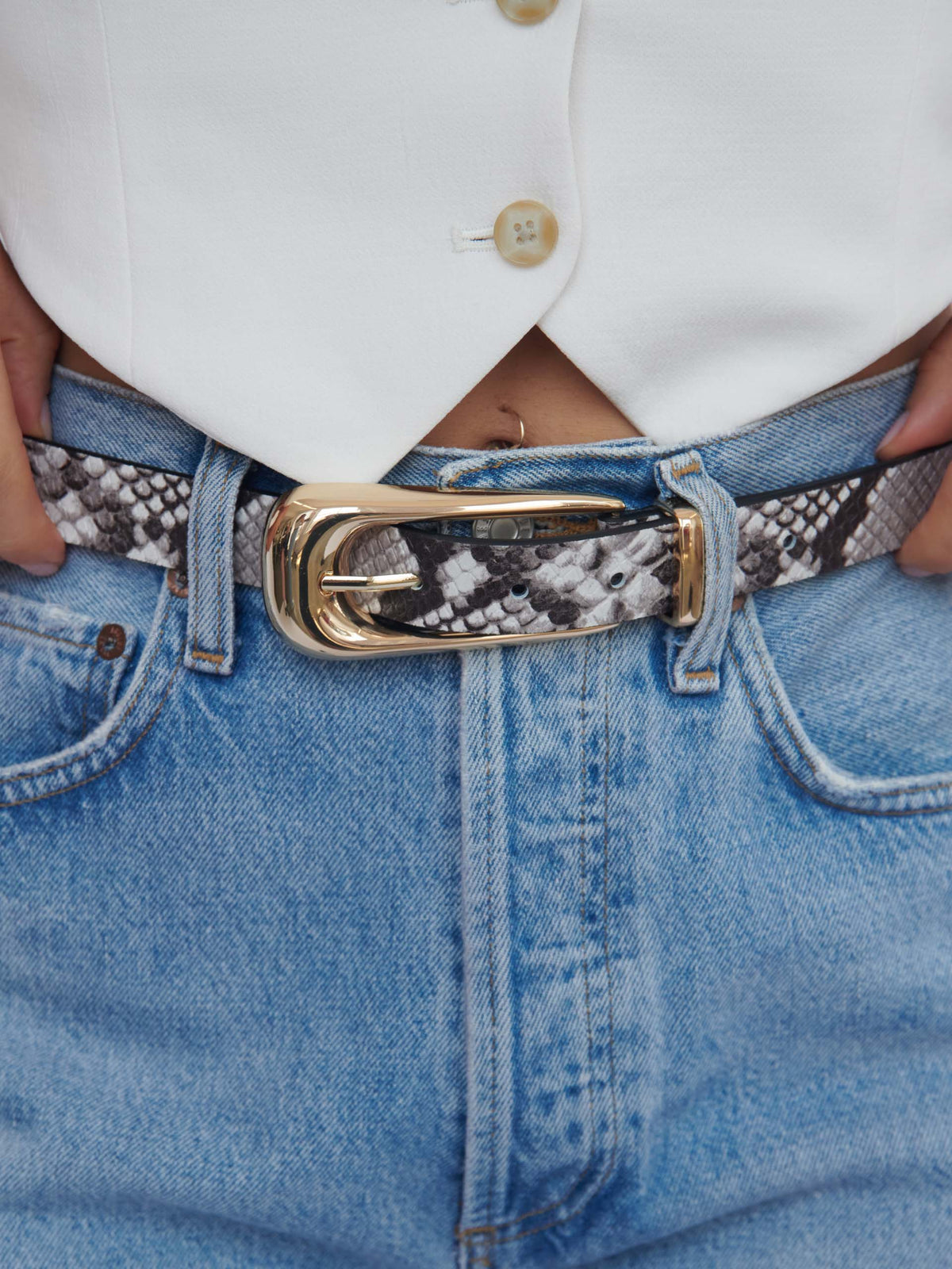 Grey Snake Signature Buckle Belt - Grey Snake Leather with Gold | Ettika