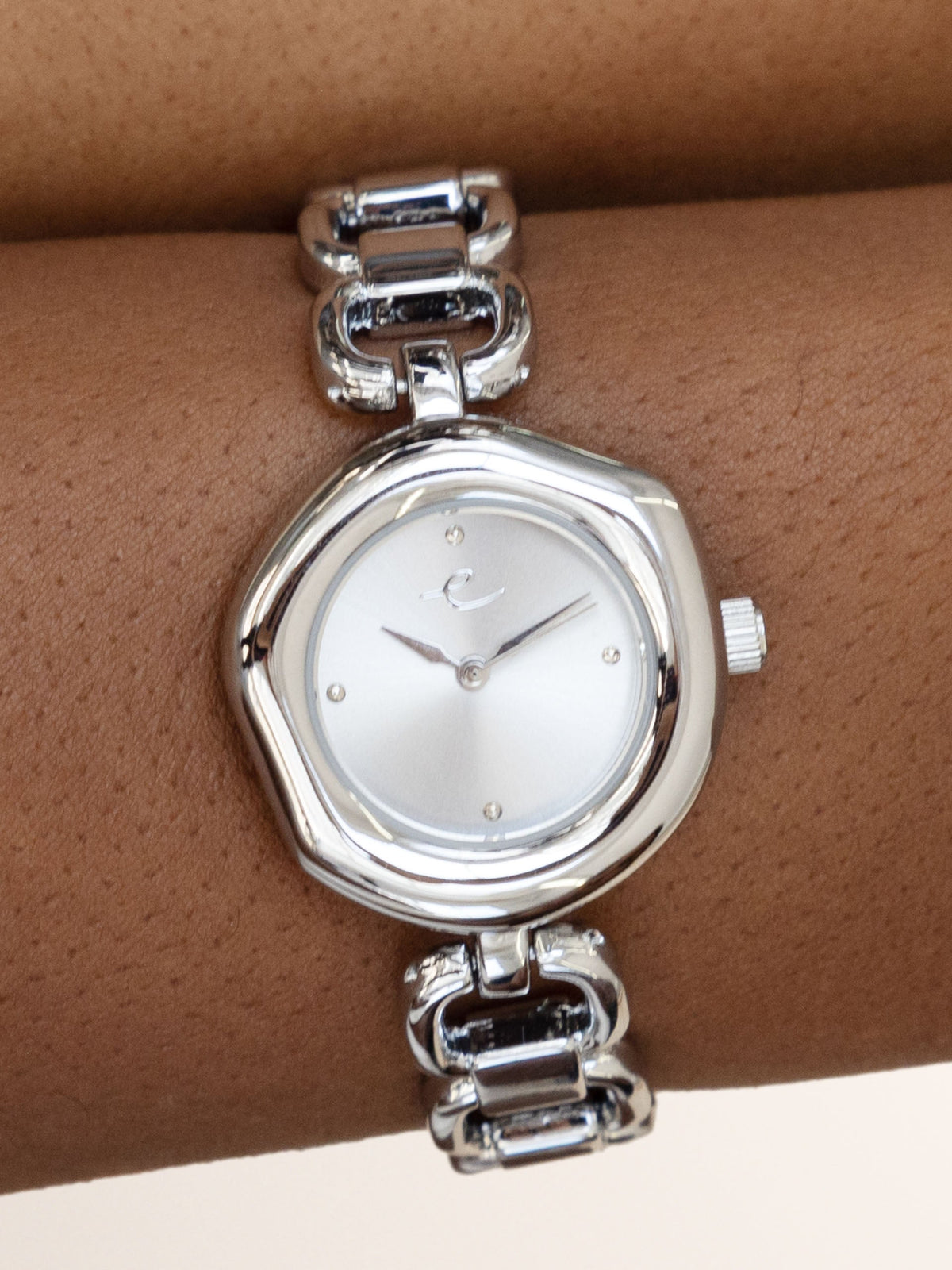 Open Circle Bracelet Watch in Silver - Brushed Silver Dial with Silver | Ettika