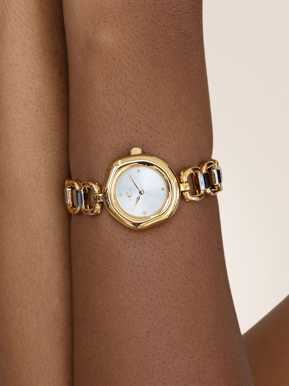 Open Circle Bracelet Watch in Mixed Metal - Brushed Silver Dial with Mixed Metal | Ettika