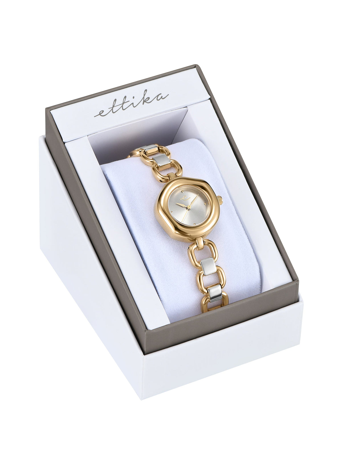Open Circle Bracelet Watch in Mixed Metal - Brushed Silver Dial with Mixed Metal | Ettika