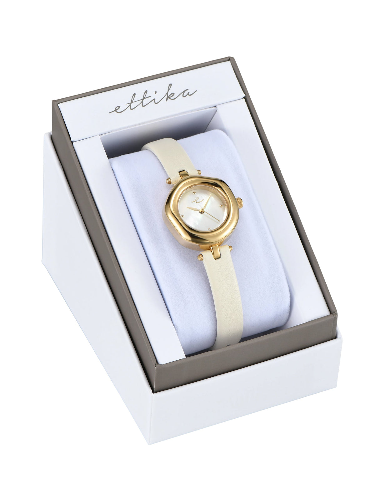 Open Circle Leather Watch in Vanilla - Mother of Pearl Dial with Vanilla Leather and Gold | Ettika