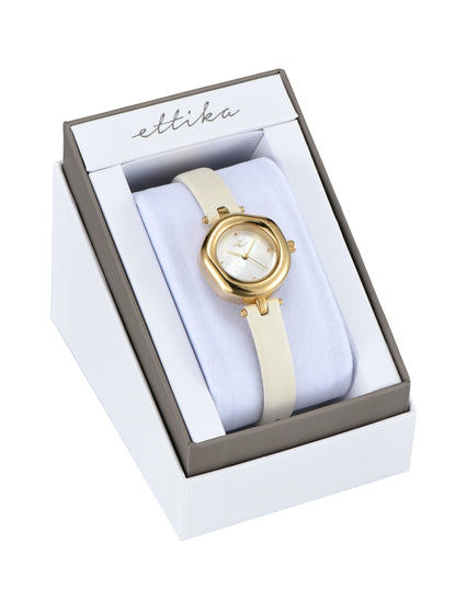 Open Circle Leather Watch in Vanilla - Mother of Pearl Dial with Vanilla Leather and Gold | Ettika