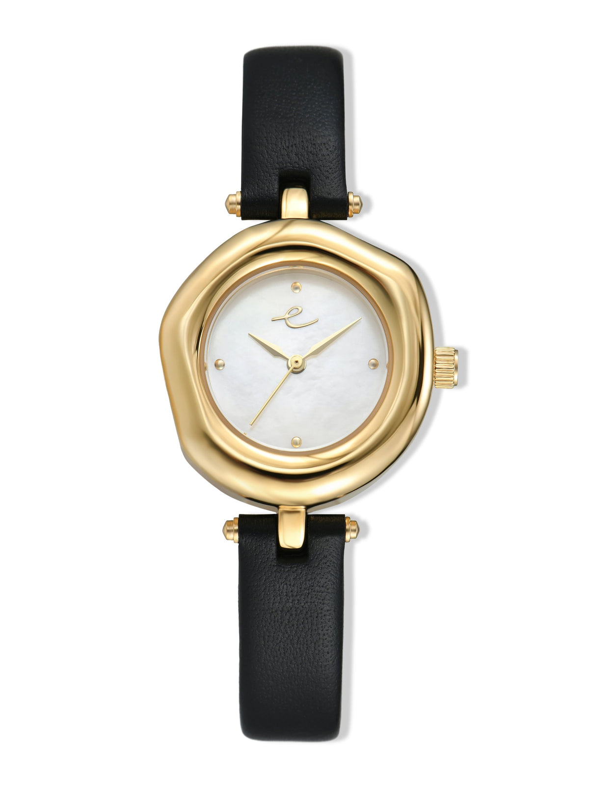 Open Circle Leather Watch in Black - Mother of Pearl Dial with Black Leather and Gold | Ettika