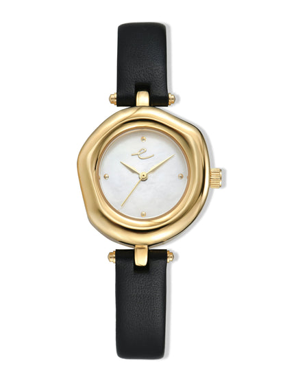Open Circle Leather Watch in Black - Mother of Pearl Dial with Black Leather and Gold | Ettika