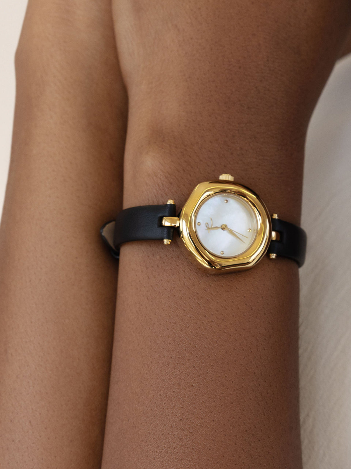 Open Circle Leather Watch in Black - Mother of Pearl Dial with Black Leather and Gold | Ettika
