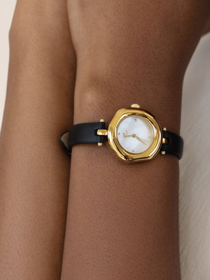 Open Circle Leather Watch in Black - Mother of Pearl Dial with Black Leather and Gold | Ettika