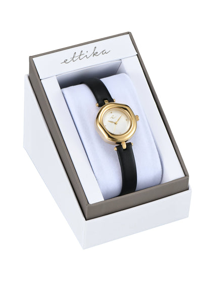 Open Circle Leather Watch in Black - Mother of Pearl Dial with Black Leather and Gold | Ettika