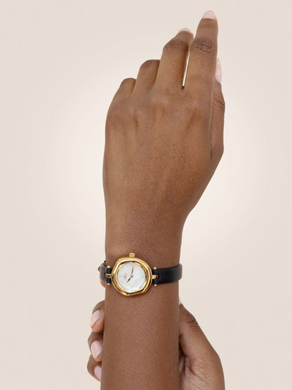 Open Circle Leather Watch in Black - Mother of Pearl Dial with Black Leather and Gold | Ettika