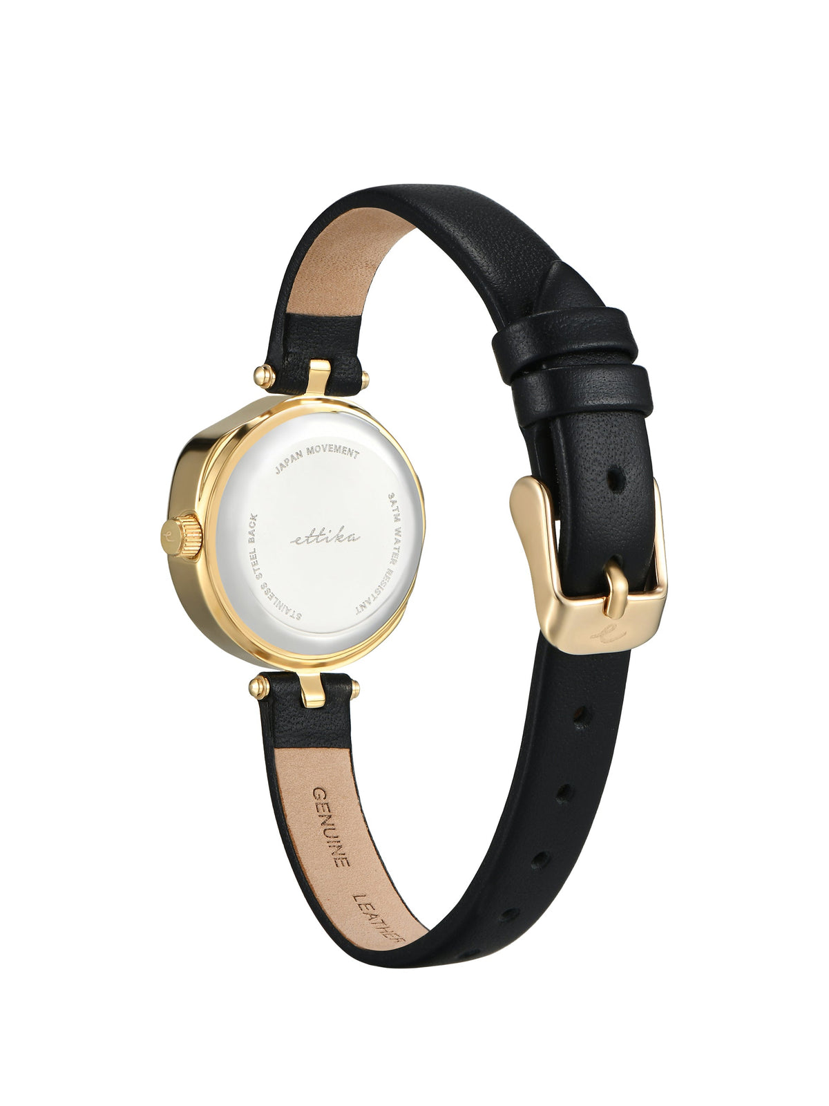 Open Circle Leather Watch in Black - Mother of Pearl Dial with Black Leather and Gold | Ettika