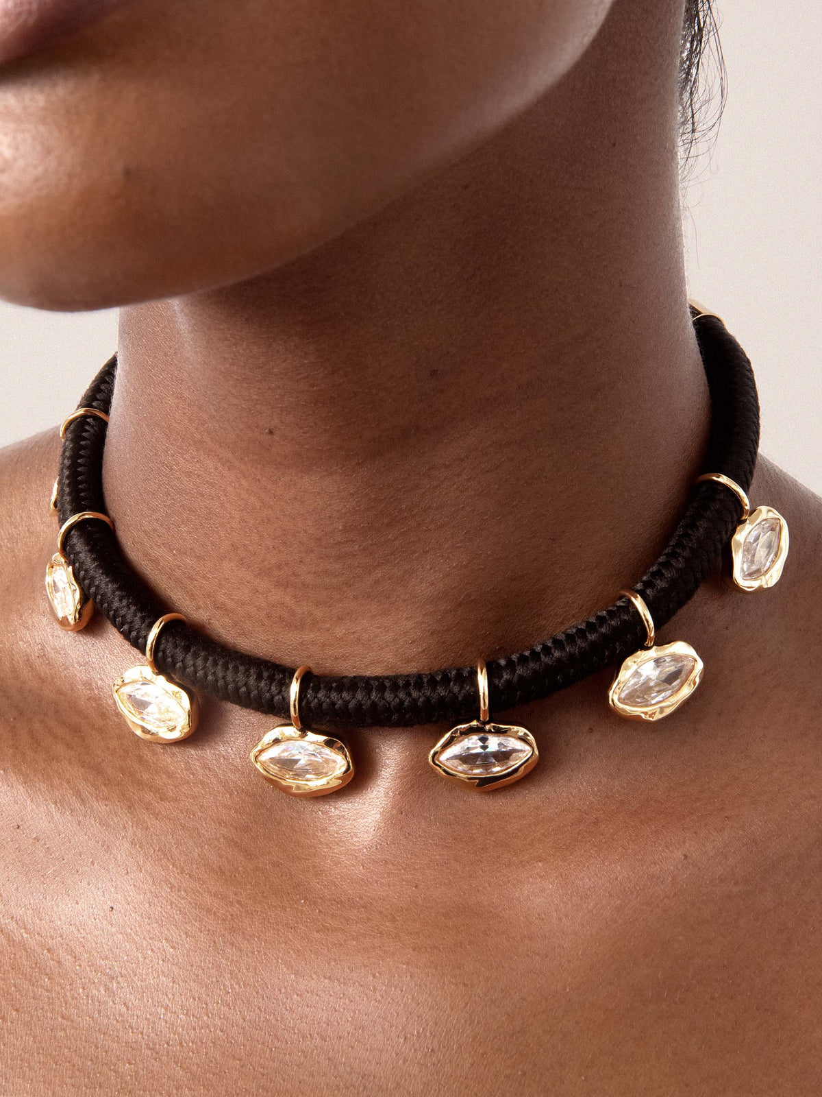 Midnight Luxe Crystal Choker - Clear Crystal with 18k Gold Plating on Black Rope | Ettika