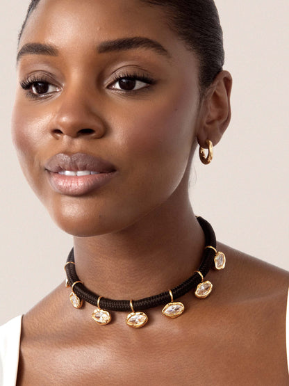 Midnight Luxe Crystal Choker - Clear Crystal with 18k Gold Plating on Black Rope | Ettika