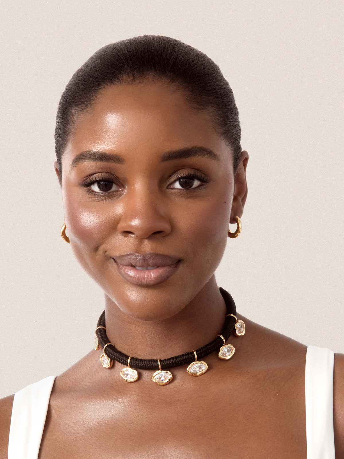 Midnight Luxe Crystal Choker - Clear Crystal with 18k Gold Plating on Black Rope | Ettika
