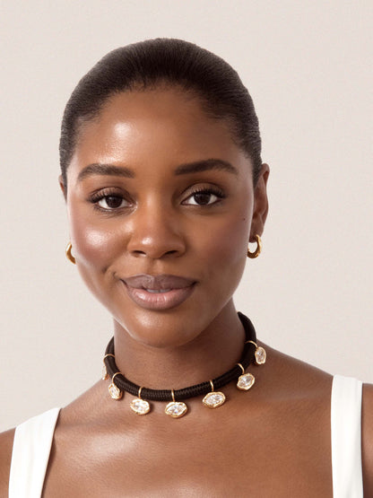 Midnight Luxe Crystal Choker - Clear Crystal with 18k Gold Plating on Black Rope | Ettika