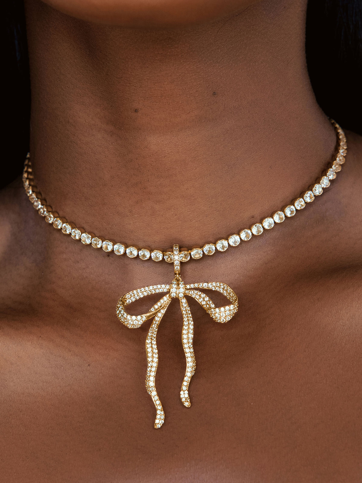 Pave Bow Tennis Necklace - Clear Crystal with 18k Gold Plating | Ettika