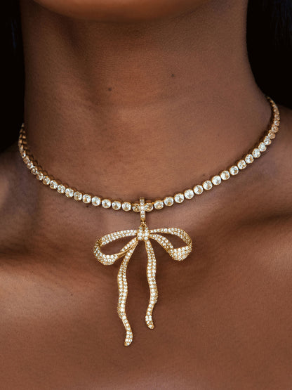Pave Bow Tennis Necklace - Clear Crystal with 18k Gold Plating | Ettika