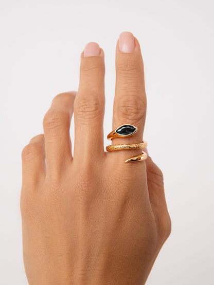 Marquise Coiled Snake Ring - Black Crystal with 18k Gold Plating | Ettika