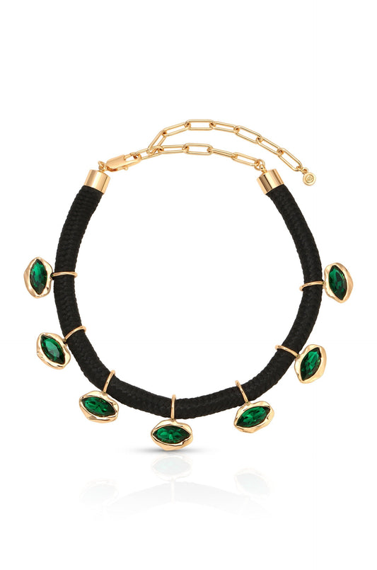 Midnight Luxe Crystal Choker - Emerald Crystal with 18k Gold Plating on Black Rope | Ettika