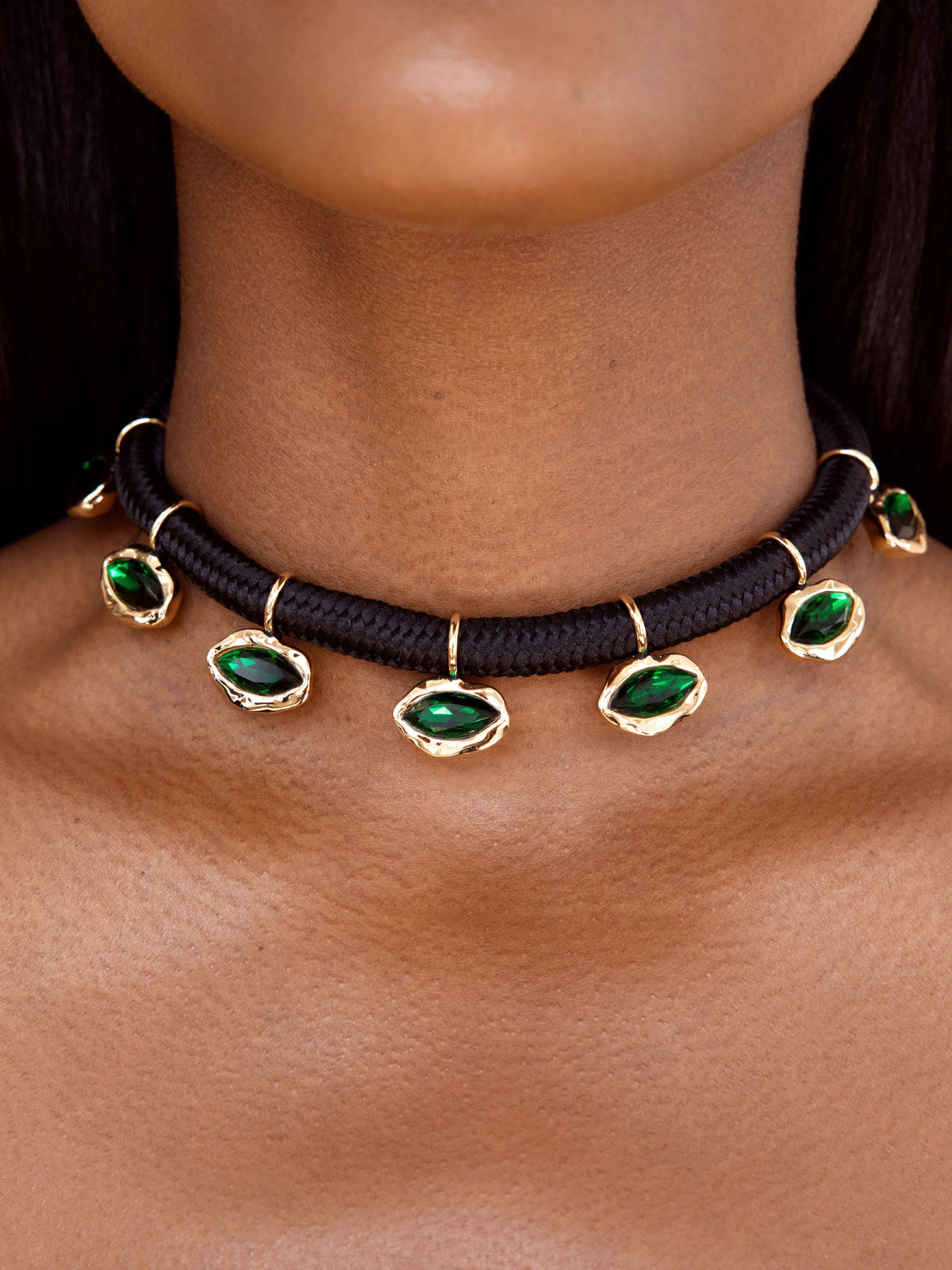 Midnight Luxe Crystal Choker - Emerald Crystal with 18k Gold Plating on Black Rope | Ettika