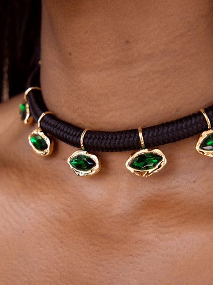Midnight Luxe Crystal Choker - Emerald Crystal with 18k Gold Plating on Black Rope | Ettika