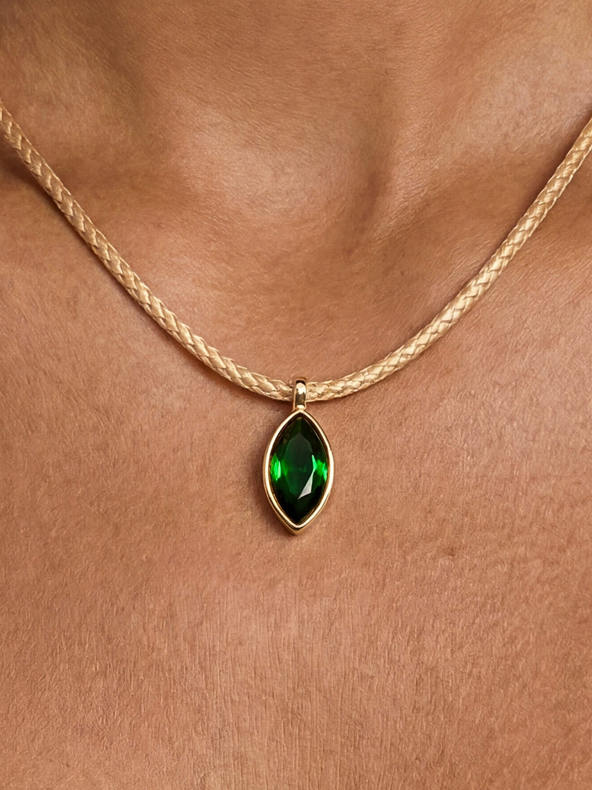 Marquise Emerald Cord Necklace - Tan Cord with Emerald Crystal | Ettika