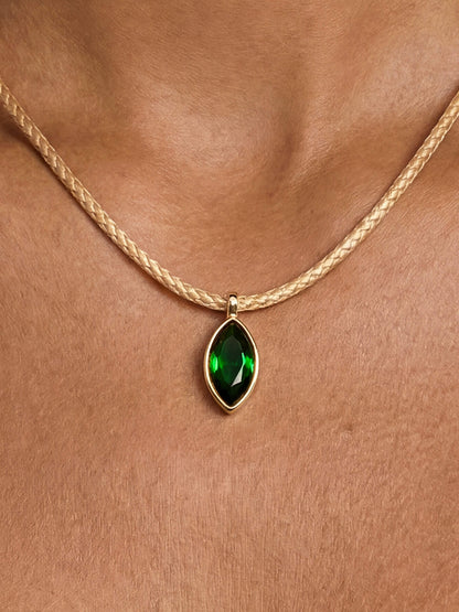 Marquise Emerald Cord Necklace - Tan Cord with Emerald Crystal | Ettika